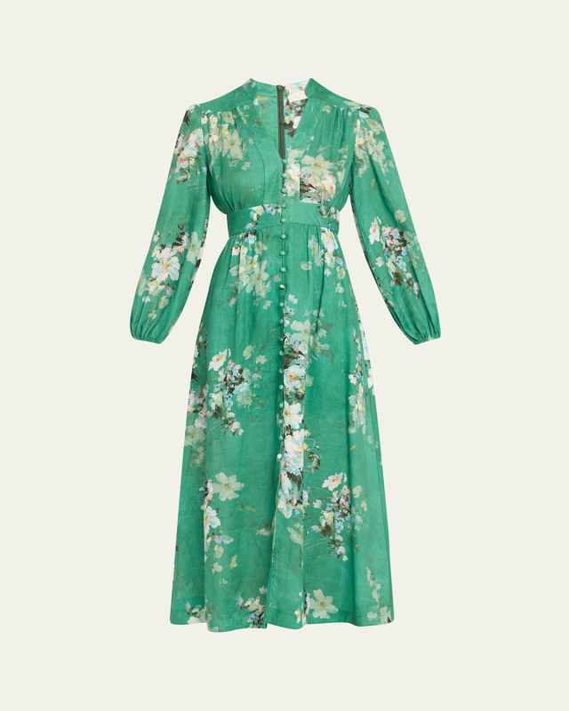 Everley Floral Linen Midi Dress, Green